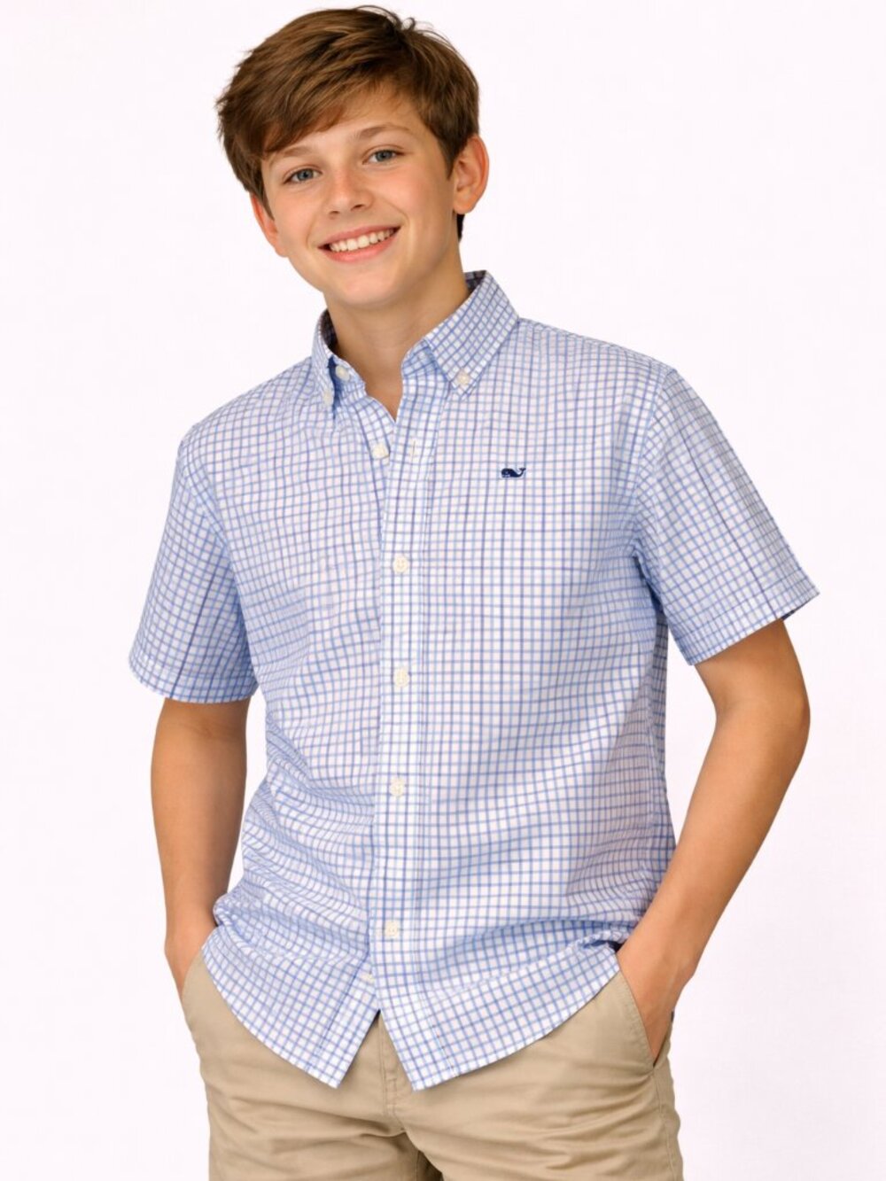 Vineyard Vines Boys Short Sleeve Blue Check Button Down Shirt  – Size M (12-14)